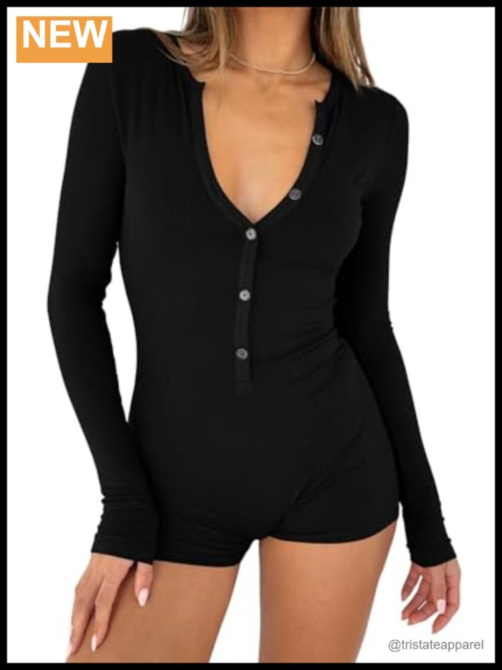 Womens Ribbed Long Sleeve Button Down Romper V-Neck Slim Fit One Piece